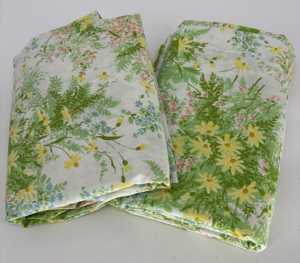 Vtg Springmaid Wondercale Double Bed Floral Sheet Set Flat & Fitted Yellow Daisy